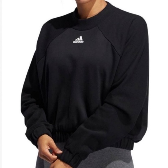 Adidas Ribbed Cropped Crewneck Sweatshirt Elastic Black Large - Picture 1 of 5
